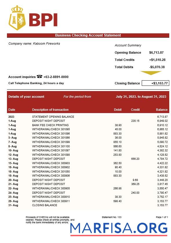 Downloadable Bank of the Philippine Islands business statement Word and PDF template